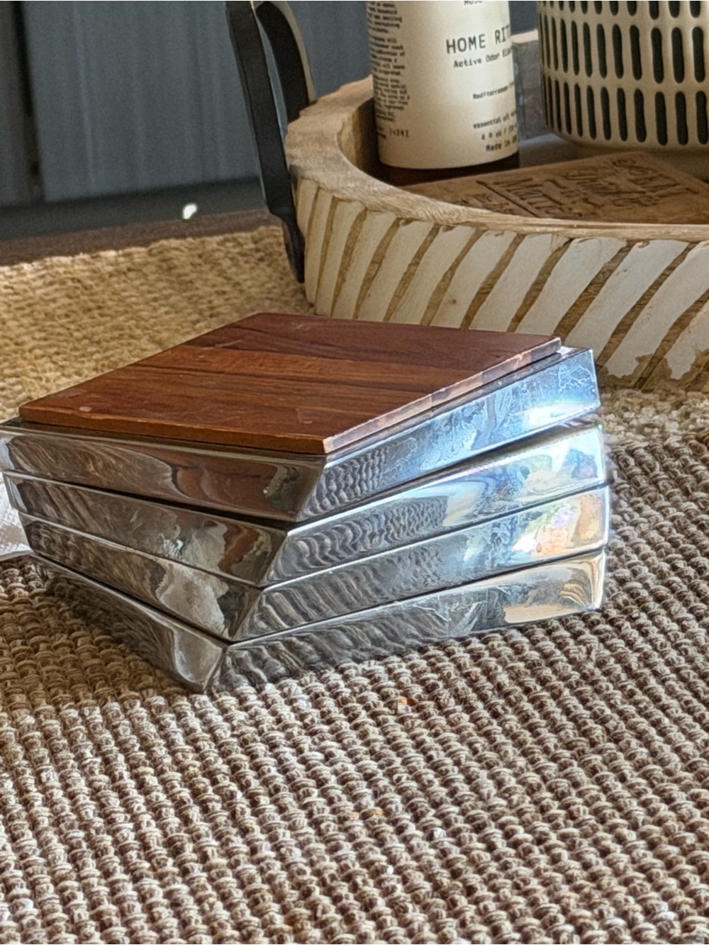 Nambe twist acacia wood and metal coasters set of 4